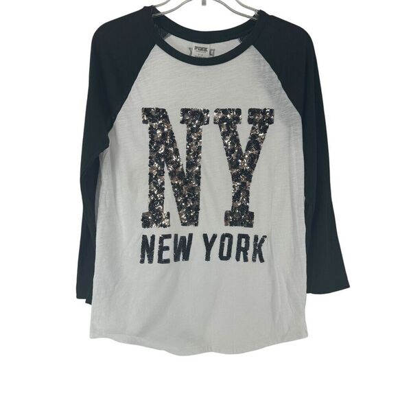 PINK Victorias Secret Sequin Raglan Tee New York Animal Print Size S Black White - Picture 1 of 7